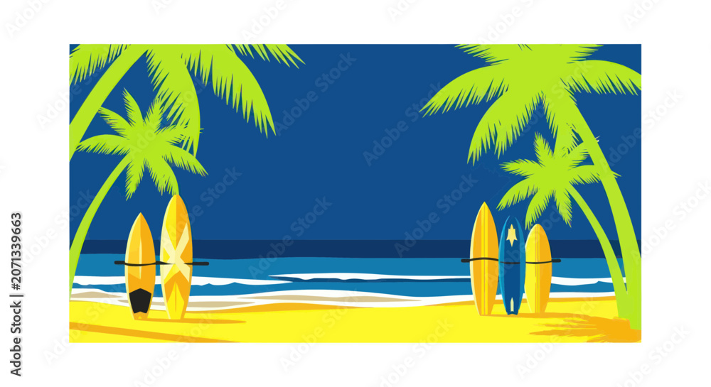 Obraz premium Surfboards on a tropical beach with palm trees and ocean waves