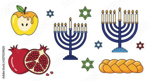 Fotografía Jewish holiday symbols with menorah pomegranate apple and challah
