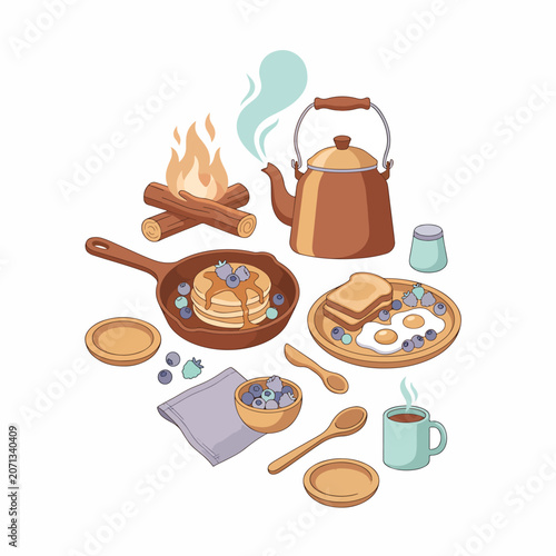 Breakfast food and camping cookware outdoors.