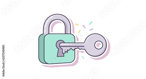 Cartoon style illustration of a padlock and key on white background