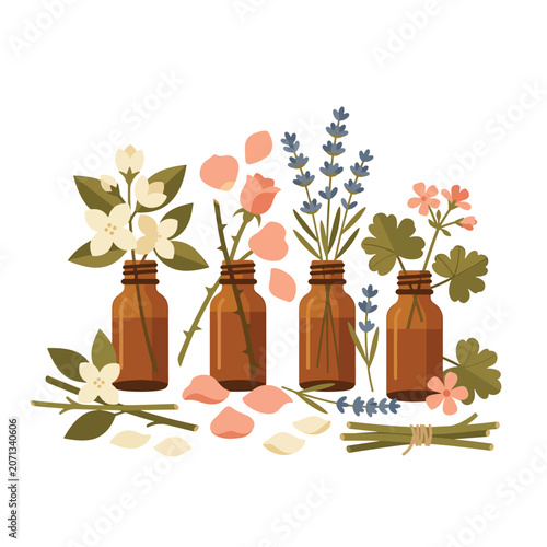 Brown bottles with flowers and herbs.