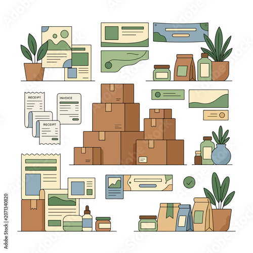 Brown cardboard boxes and office supplies.
