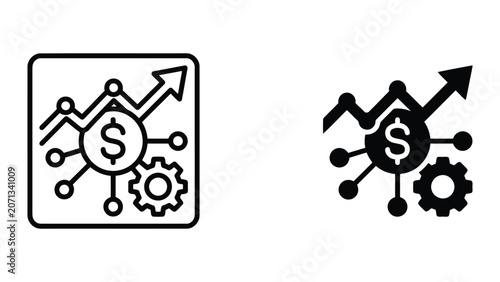 Business financial gear and dollar coin icon set showing data growth trend for process optimization and investment analysis in modern vector style isolated on light grey background