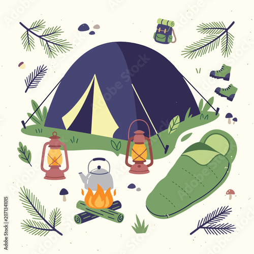 Camping gear and tent in forest.