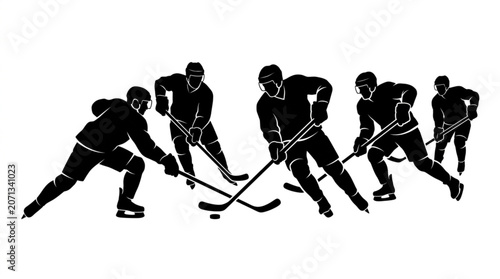 Silhouetted hockey players in dynamic action, battling for the puck on the ice with sticks raised, conveying intense competition and athletic movement in a clean, graphic style