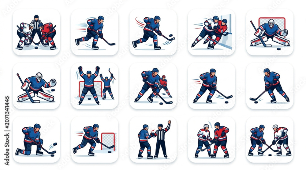 Fototapeta premium Flat lay collage of ice hockey scenes including players, goalies, referees, and action shots, presented on a clean white background with dynamic blue and red accents