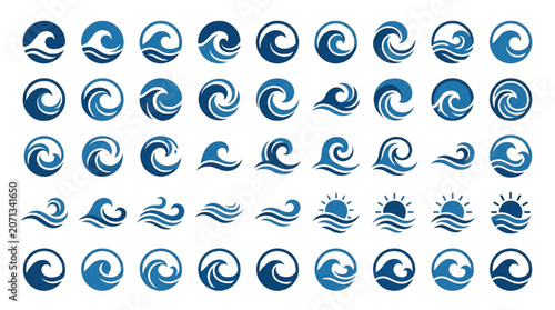 Blue ocean wave icons set for marine graphic design and logo branding