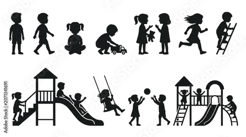 Kids playing silhouette icons set with children on playground slide, swing, climbing and running
