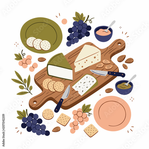 Cheese board with crackers and fruit.
