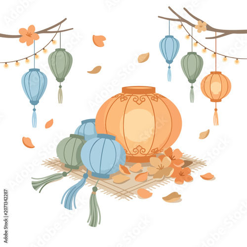 Colorful lanterns on autumn leaves background.