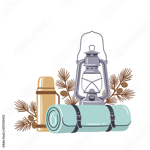 Camping gear with lantern and blanket.