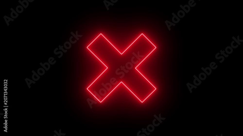 Glowing neon red color cross mark animation on black back Background. 4k Cross Sign Animation.