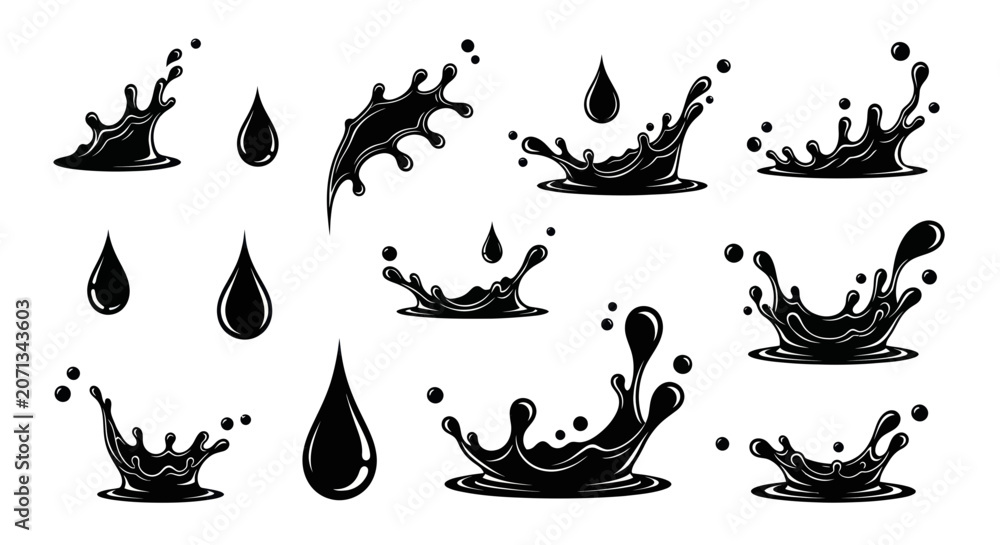 Fototapeta premium Graphic black liquid splash and droplet silhouette set