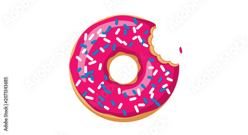 Fotografie Bitten pink glazed donut with blue and white sprinkles