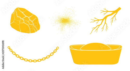 Quadro su tela Gold nugget dust vein chain and ingot icons set