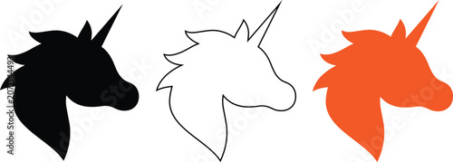 Vászonkép Unicorn head profile silhouette vector illustration collection showing black outline and orange flat icon for magical creature fantasy myth graphic element design asset
