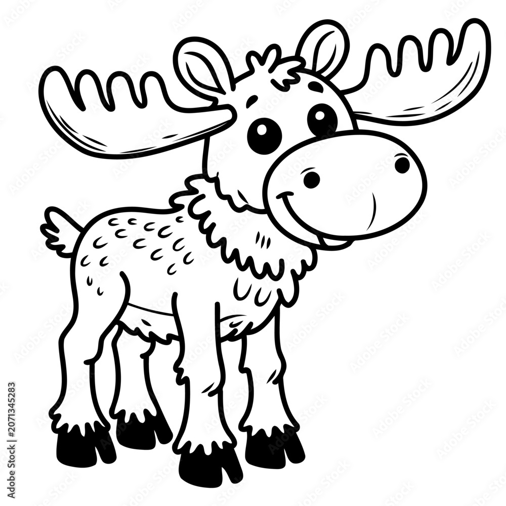 Obraz premium Cute cartoon moose with large antlers vector illustration, perfect for kids coloring books, educational activity sheets, and northern forest wildlife design projects