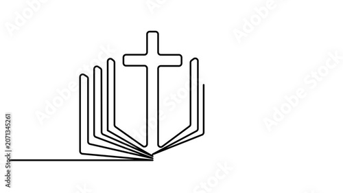 Animated self drawing of Continuous single line drawing of an open holy bible with a christian cross symbol, Full length one line animation. 4K video