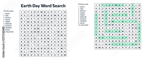 Earth Day word search puzzle with environmental conservation vocabulary