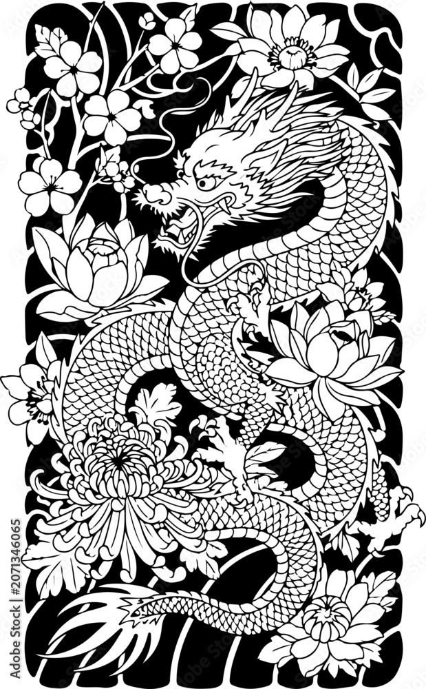 Obraz premium Majestic Dragon with Floral Blossom Coloring Page