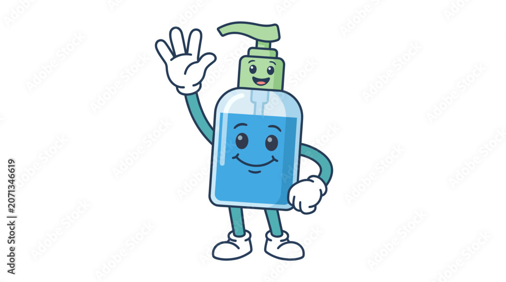 Fototapeta premium Smiling hand sanitizer bottle character waving