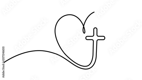 Animated self drawing of Continuous single line drawing of a heart shape with a christian cross symbol inside. Full length one line animation. 4K video