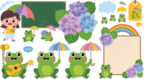 Cute cartoon frog illustration set with hydrangea flowers and girl holding a colorful umbrella