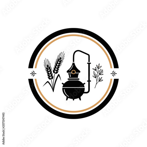 Distillery logo with pot still and stalks of wheat.
