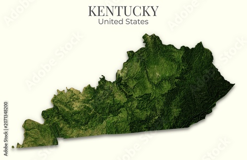 Fotografie Kentucky shaded relief map, 3D terrain map illustration of Kentucky, United States, hillshaded physical geography