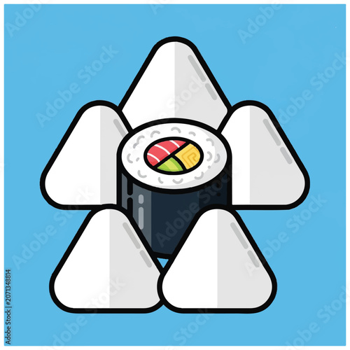Sushi roll with white rice triangles.