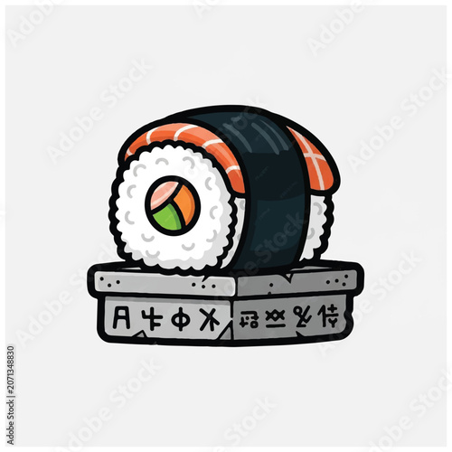 Sushi Roll on Stone Pedestal with Ancient Symbols.