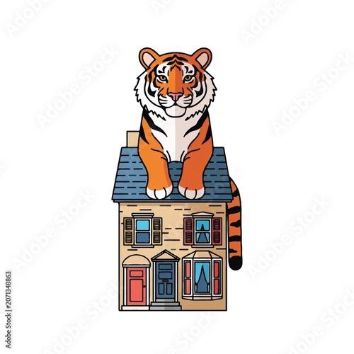 Tiger sitting on house roof top.