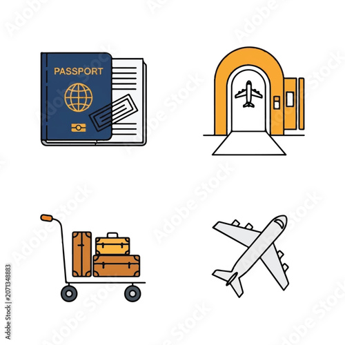 Travel documents and airport icons.