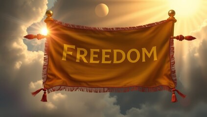 Golden scroll banner inscribed with freedom unfurling against a radiant sunlit sky embodying hope and liberty for symbolic conceptual visual representation