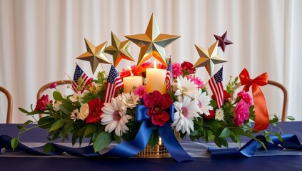 Patriotic floral centerpiece with golden stars and candles for independence day celebration on a blue tablecloth with festive ribbons
