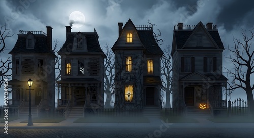 Creepy haunted houses rows under spooky dark night moon halloween backdrop