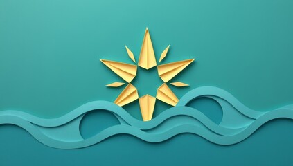 Golden star emblem emerging from layered paper cut ocean waves representing freedom and new beginnings in a minimalist craft design concept for festive celebrations