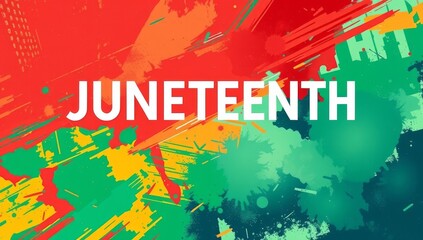 Juneteenth celebration banner with bold white typography set against a vibrant abstract background of red green and yellow splattered paint textures