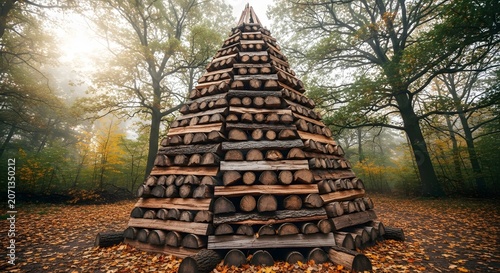 Symmetrical pile stack of cut wooden logs pyramid structure in autumn forest