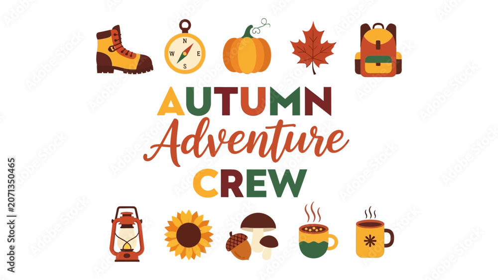 Fototapeta premium Autumn Adventure Crew Collection: A delightful array of autumnal icons, including boots, compass, pumpkin, maple leaf, backpack, lantern, sunflower, acorn, mushrooms, and hot beverages.