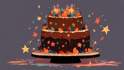 Two tiered chocolate celebration cake decorated with glowing stars and colorful fruit toppings on a festive dark background for special occasions