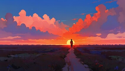 A solitary traveler walks along a rural path toward a glowing sunset horizon under vibrant pink clouds in this evocative