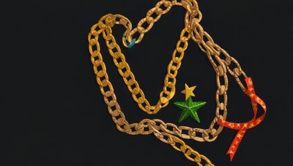 Broken gold chains with stars and red ribbon on black background representing freedom and emancipation celebration concept for juneteenth holiday design