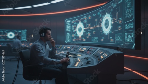 Professional nuclear power plant operator monitoring core reactor systems inside a high technology control room