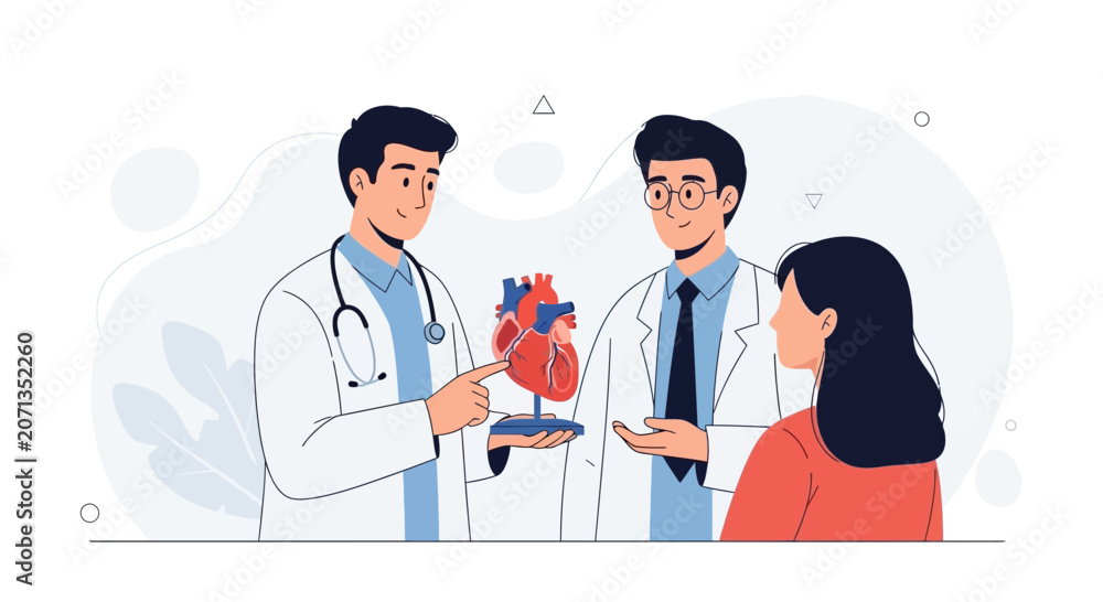 Fototapeta premium Doctors explaining heart model to patient, concept of cardiology consultation, medical education, and healthcare.