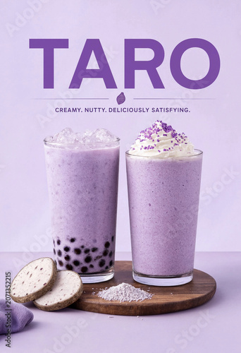 Two glasses of purple latte on a wooden board with cookies and powder
