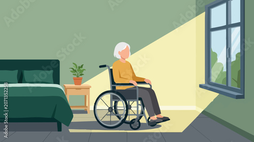 Canvastavla Elderly woman in wheelchair by window, enjoying sunlight in her room