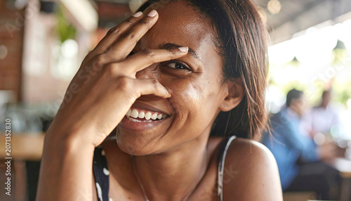 Happy woman laughing in close-up, hand over mouth, natural emotion, warm and soft portrait lighting