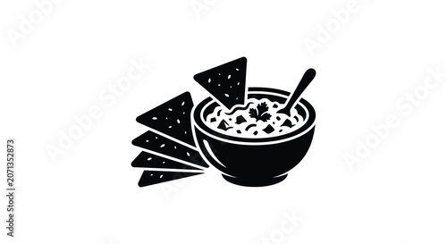 Bild auf Leinwand Tortilla chips and bowl of dip black silhouette on white background