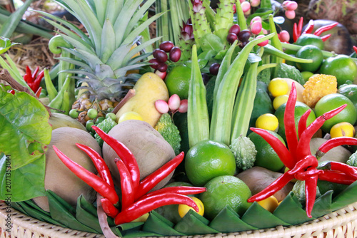 Basket of fresh organic fruits and vegetables from a pesticide-free farm, vibrant harvest, healthy natural produce
